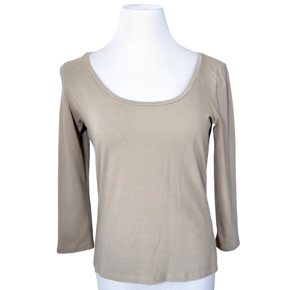 Max Mara Weekend Classic Solid Scoop Neck Long Sleeve Jersey Tee Taupe Tan Large